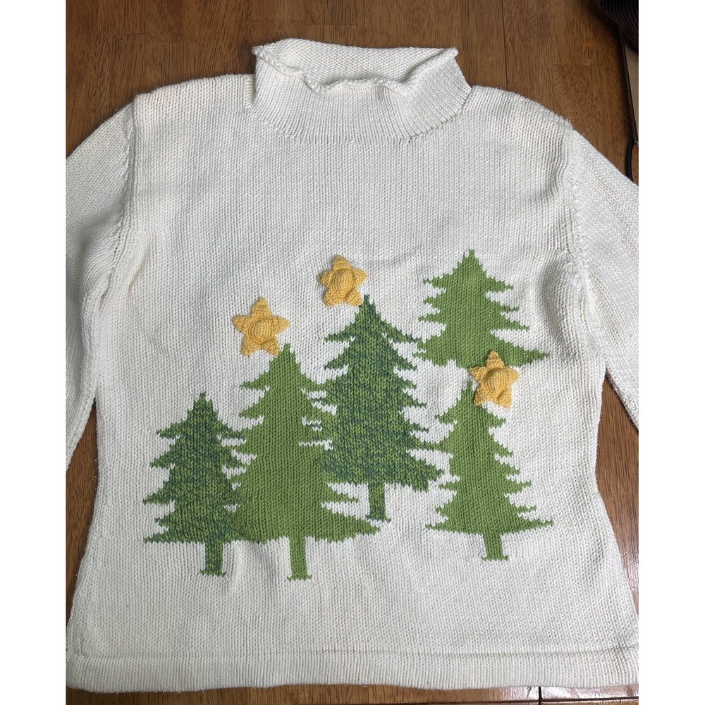 Vintage Women's Rey Wear Stars Trees Christmas Off White Winter Small